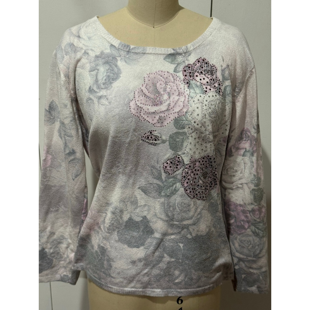 Women's Punt Roma Italian White Purple Floral rhinestone Crew Neck Sweater XL